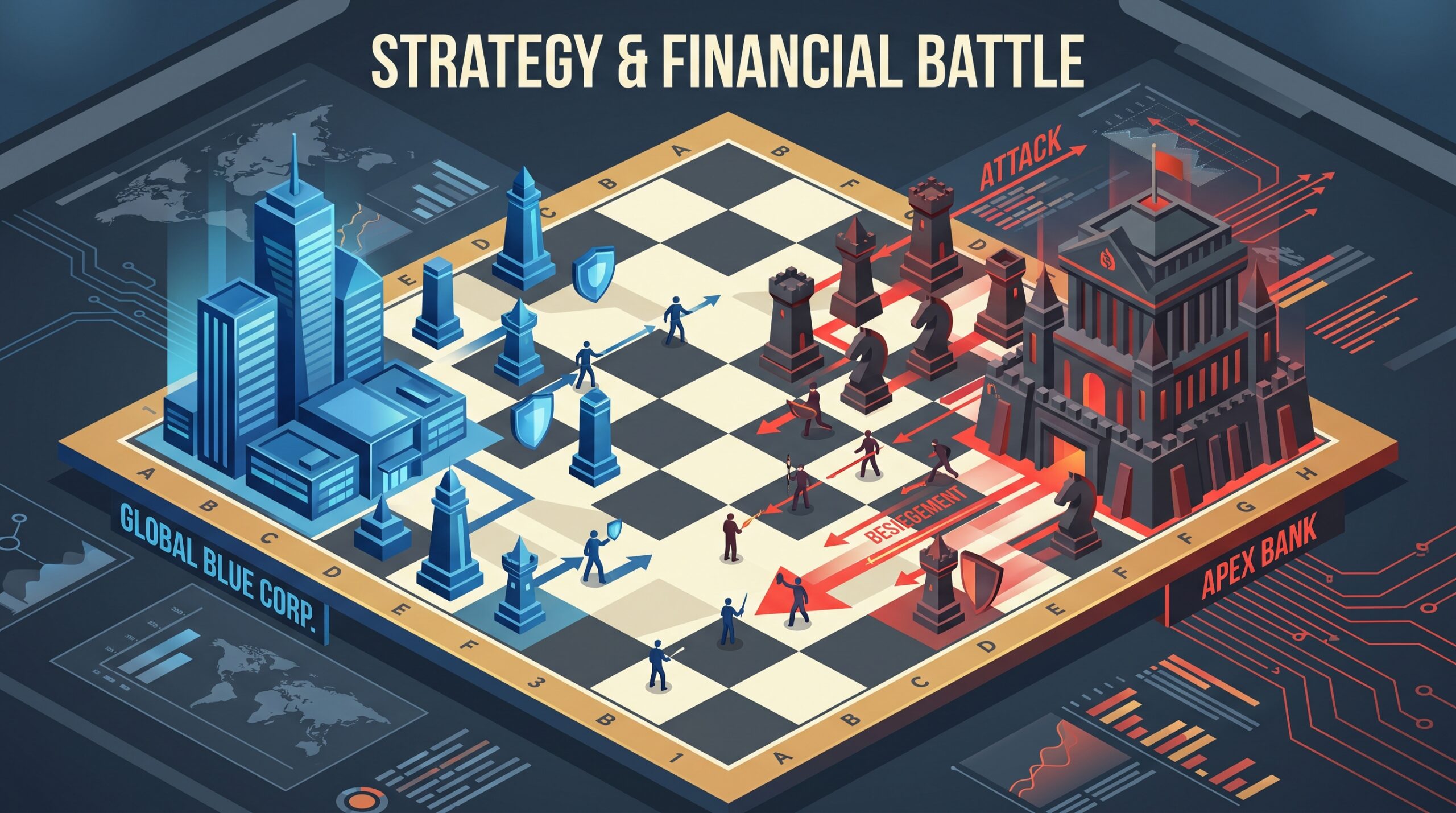 Ilustración conceptual de un tablero de ajedrez representando la estrategia detrás de una OPA hostil entre bancos.