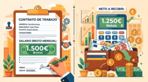 Ilustración que explica visualmente los impuestos que paga un trabajador en España y la diferencia entre el salario bruto y neto en la nómina.