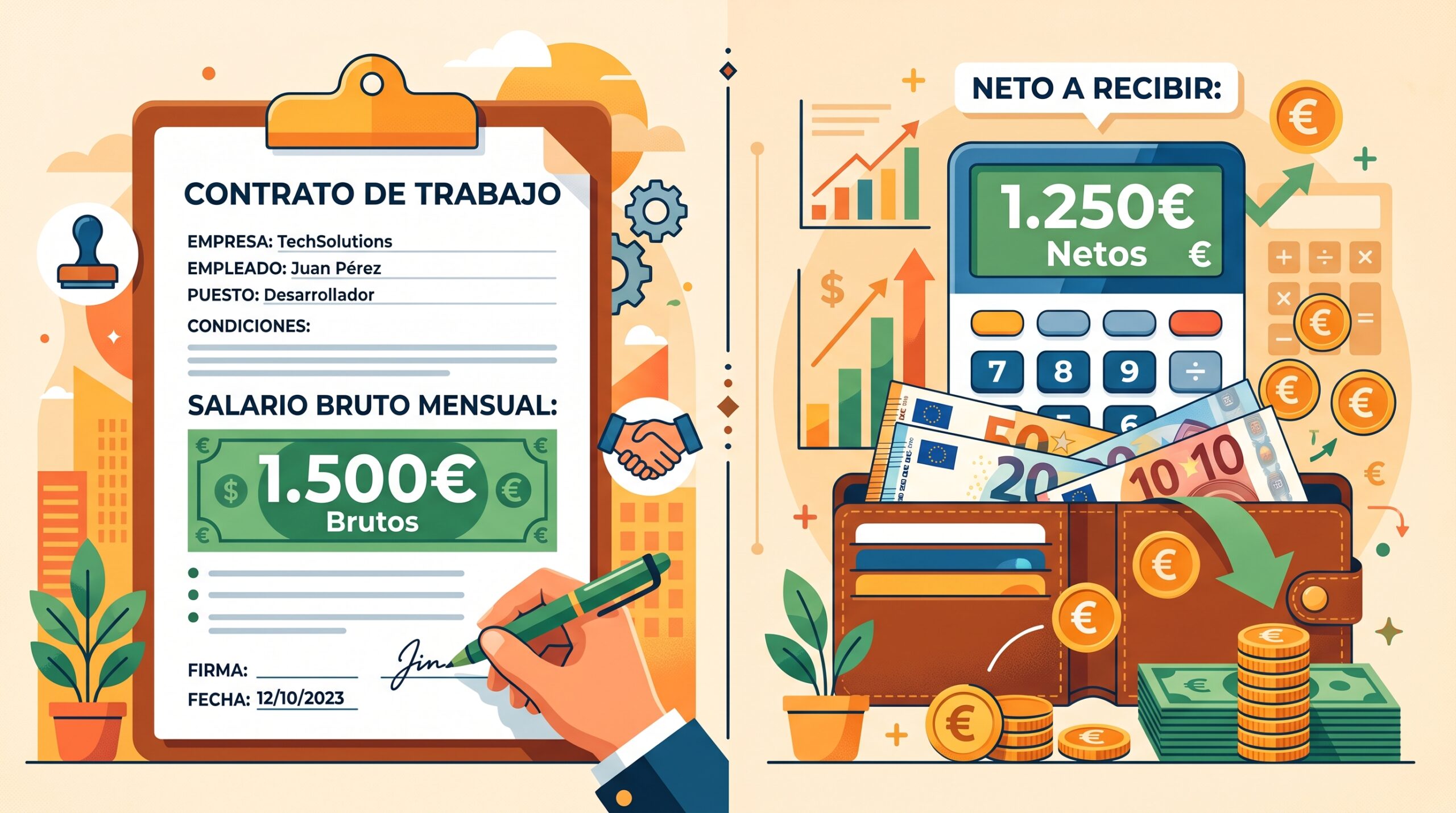 Ilustración que explica visualmente los impuestos que paga un trabajador en España y la diferencia entre el salario bruto y neto en la nómina.