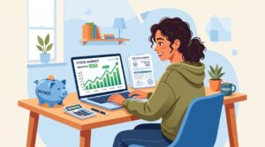 Ilustración de un joven estudiante analizando la tributación de acciones y fondos indexados en su ordenador para pagar sus impuestos a Hacienda.