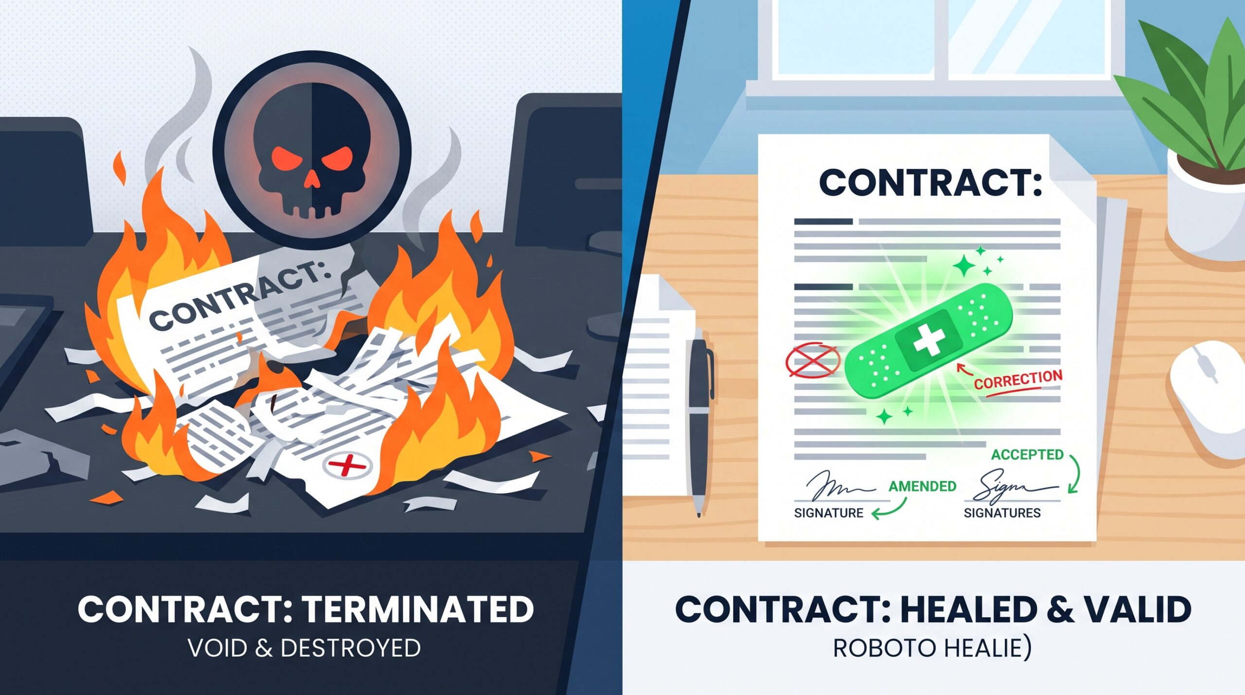 Ilustración comparativa entre un contrato nulo de pleno derecho y un contrato anulable.