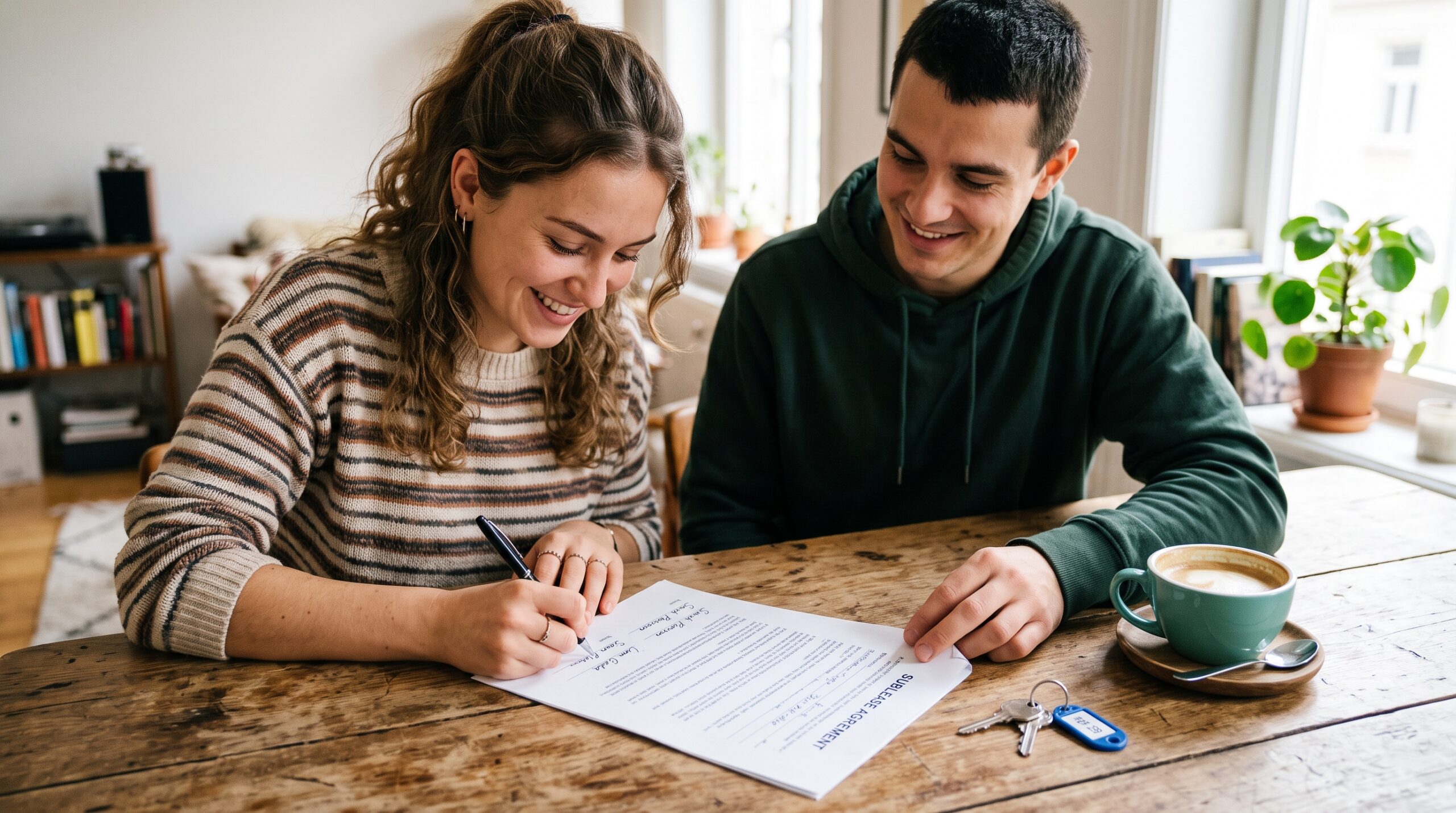 Dos jóvenes firmando un contrato para subarrendar una habitación.
